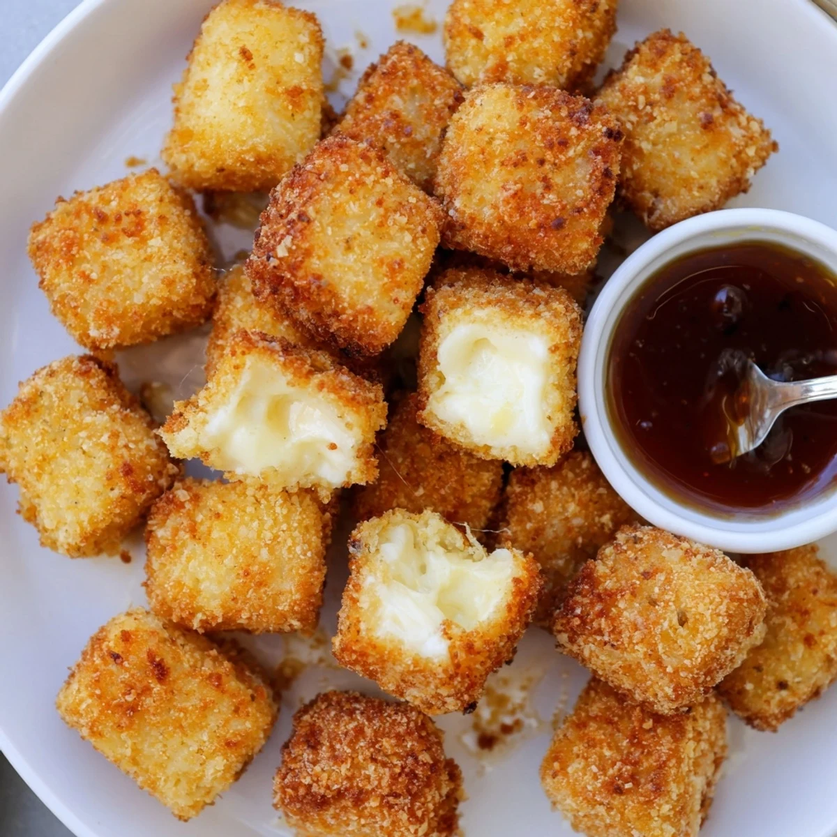 Close-up of Irresistible Crispy Mozzarella Poppers With Maple Glaze showing gooey center