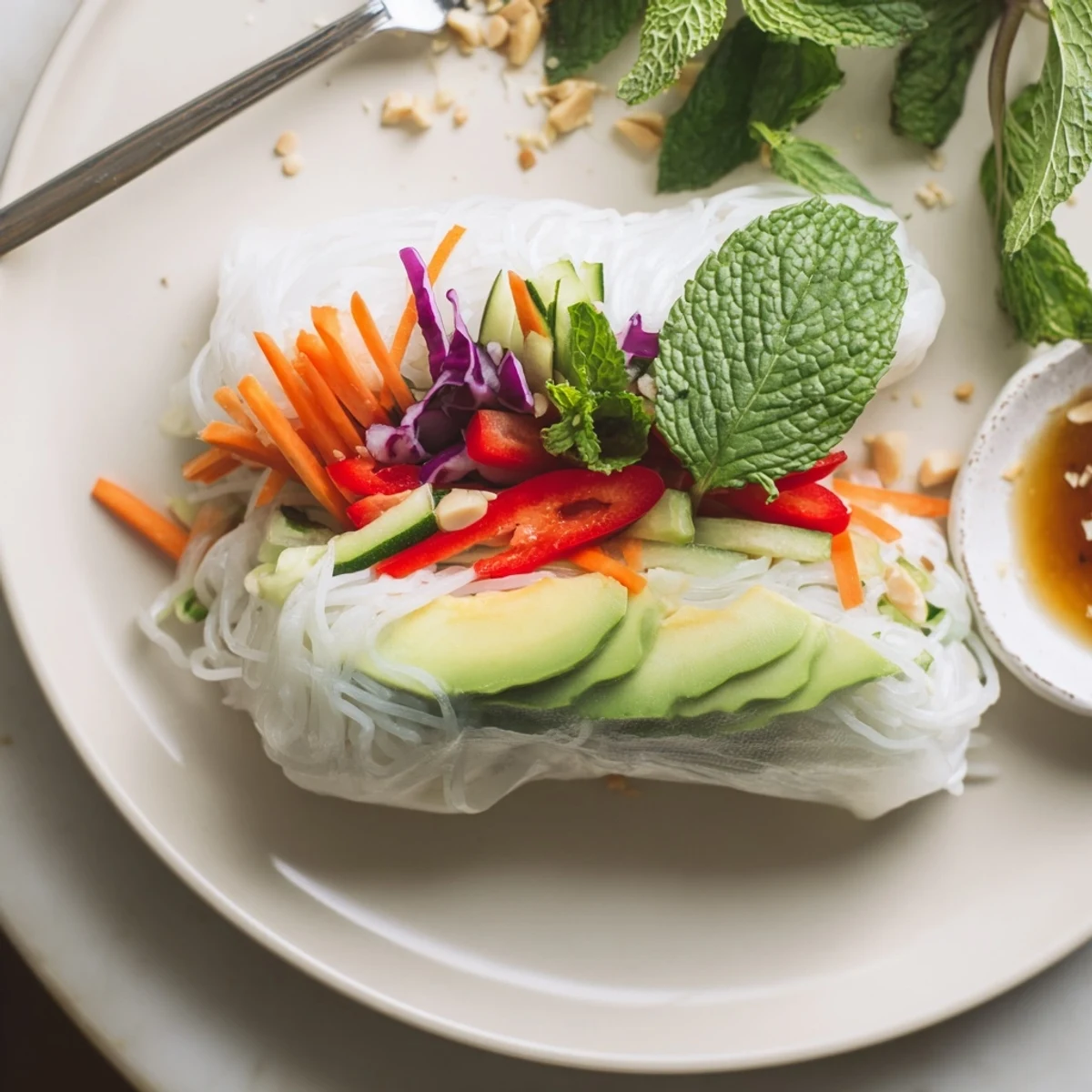 Gluten Free Vegetable Spring Rolls with tangy dipping sauce and fresh aromatic herbs