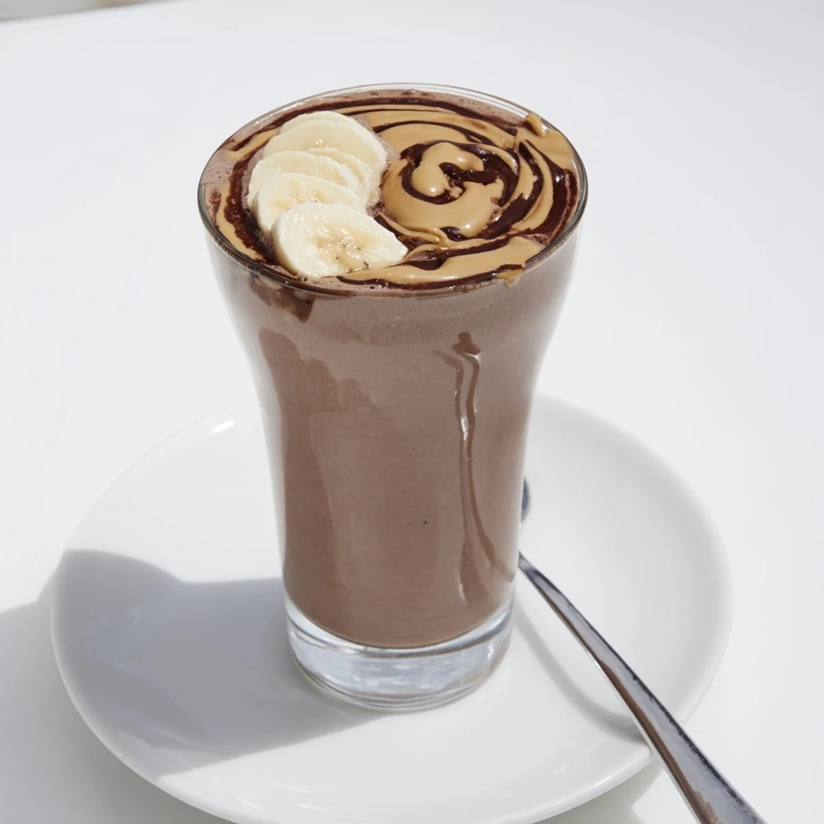 Frosty Chocolate Peanut Butter Banana smoothie poured into glass, creamy, nutty aroma.