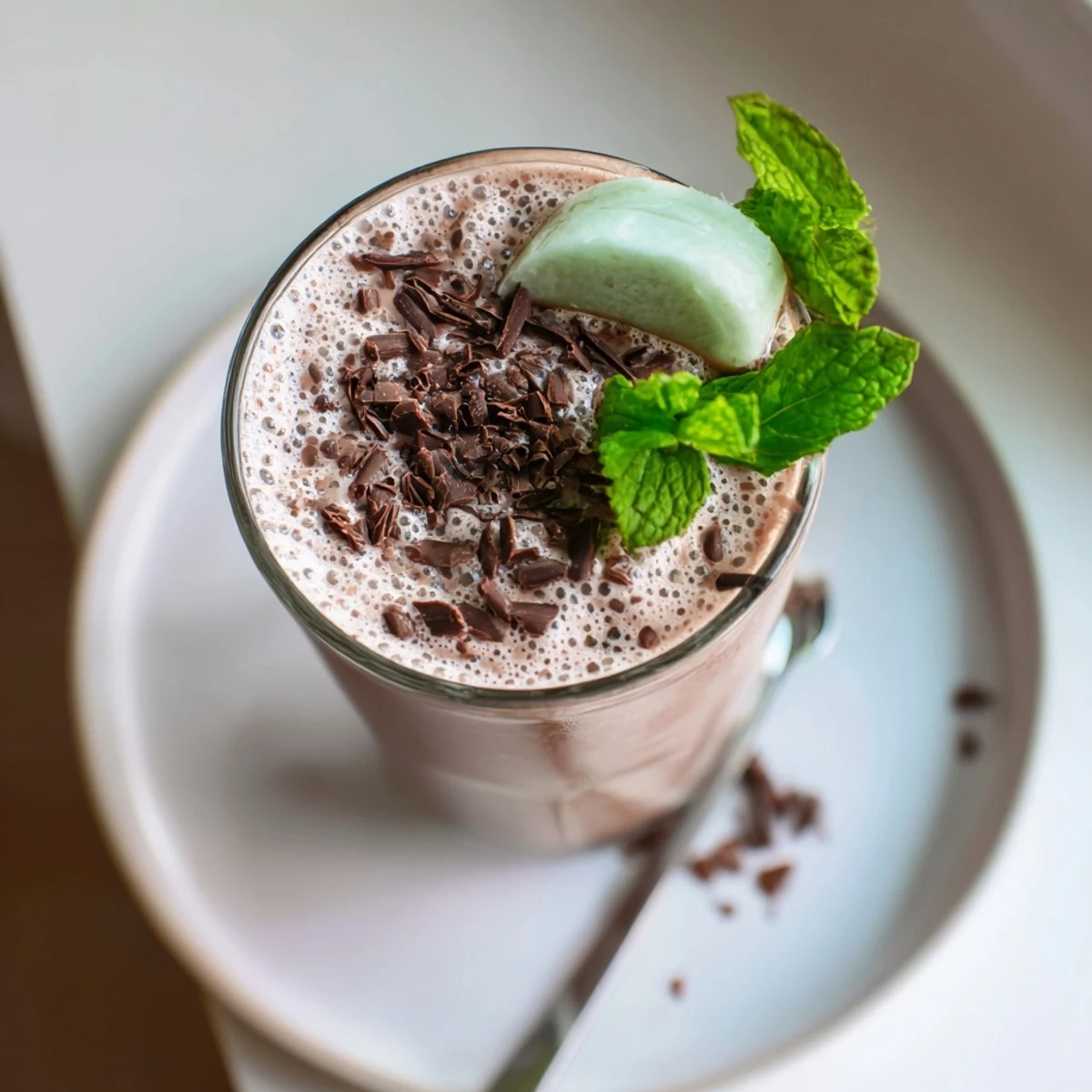 Creamy Peppermint Protein Shake Recipe in tall glass with mint garnish