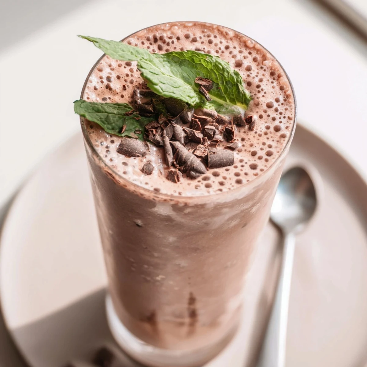 Tall jar of peppermint protein shake recipe, chocolate shavings and icy froth