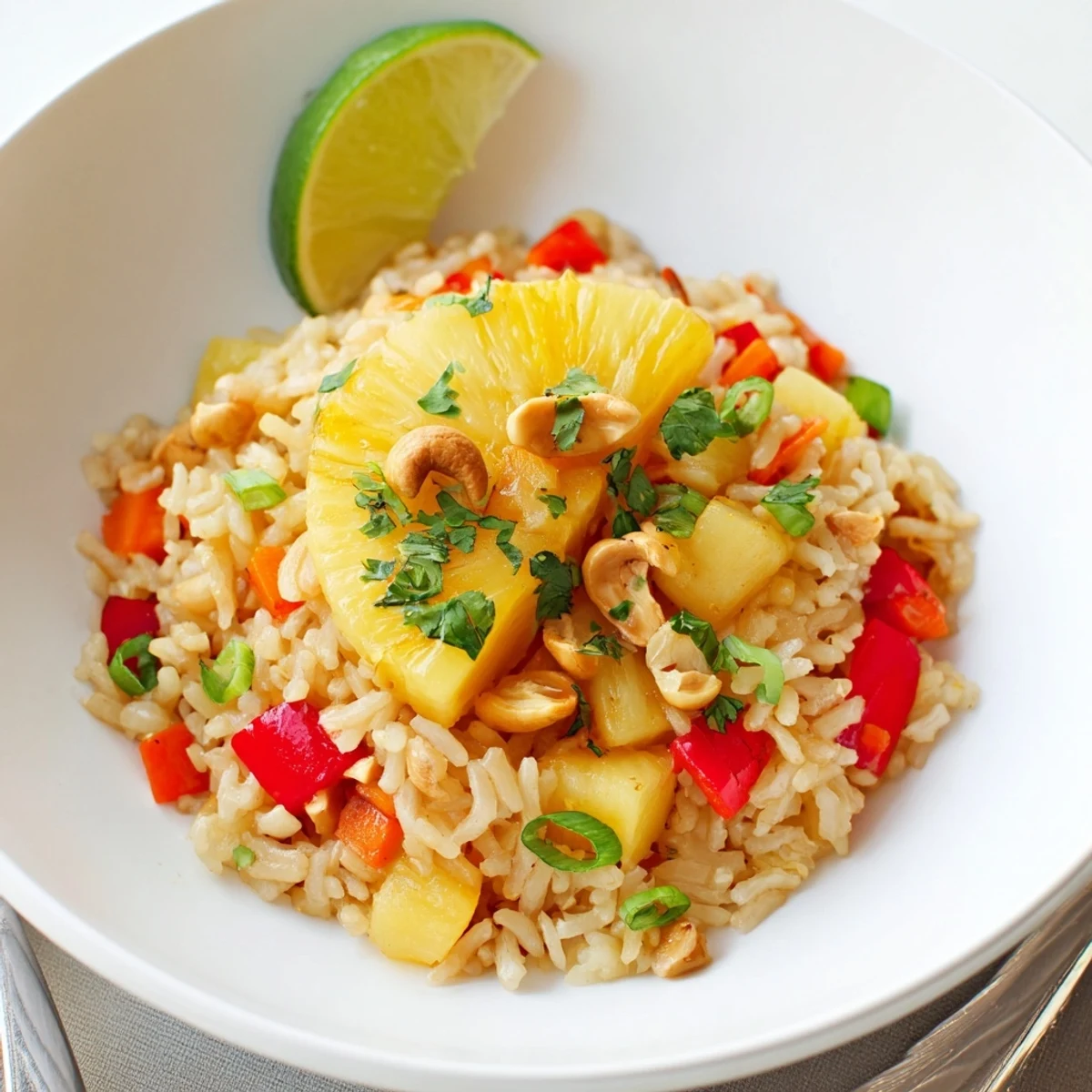 Pineapple Rice sizzling in wok with caramelized pineapple and bright cilantro