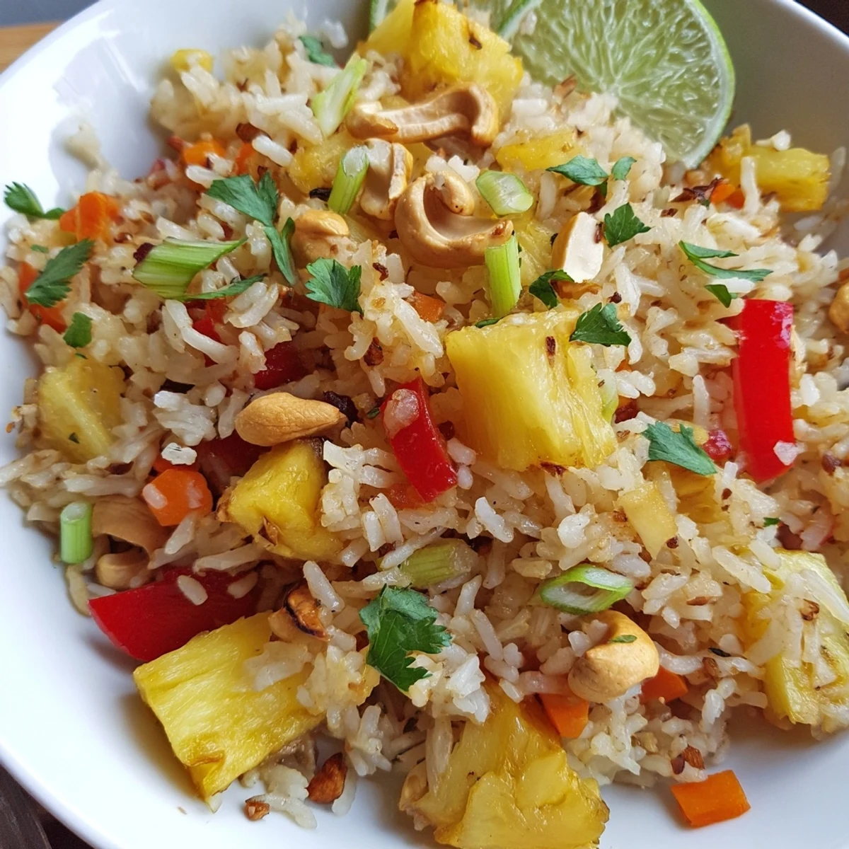 Colorful Pineapple Rice served in hollowed pineapple bowl, jasmine aroma rising