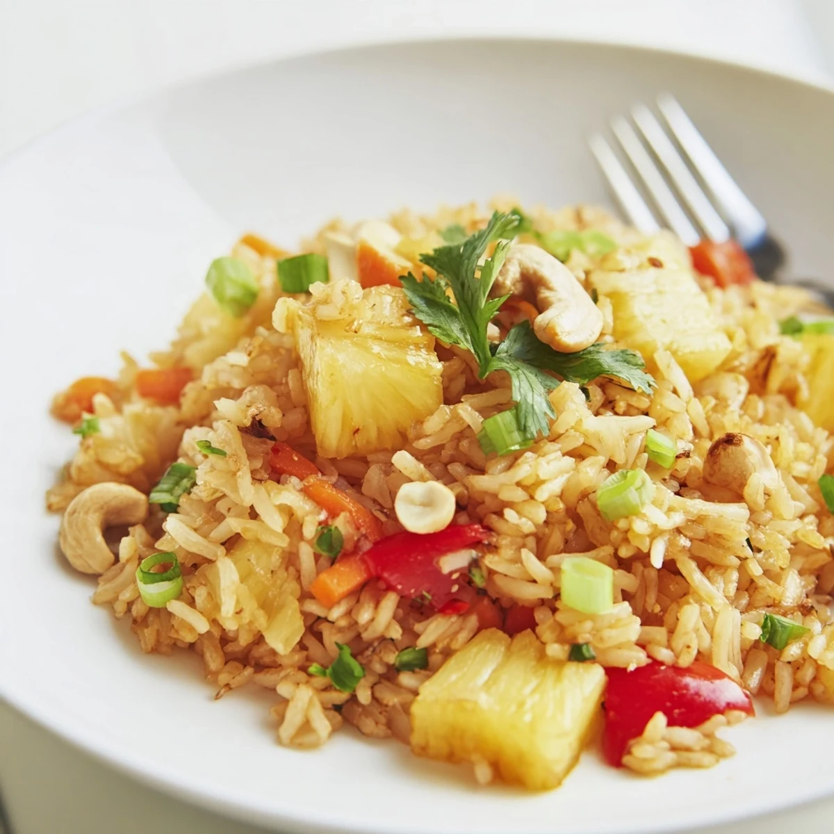 Warm Pineapple Rice tossed with crunchy cashews, red peppers, and lime