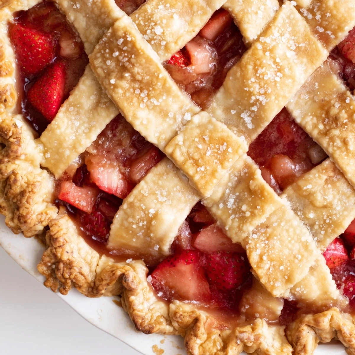 Sliced Gluten Free Strawberry Rhubarb Pie served warm with melting vanilla ice cream
