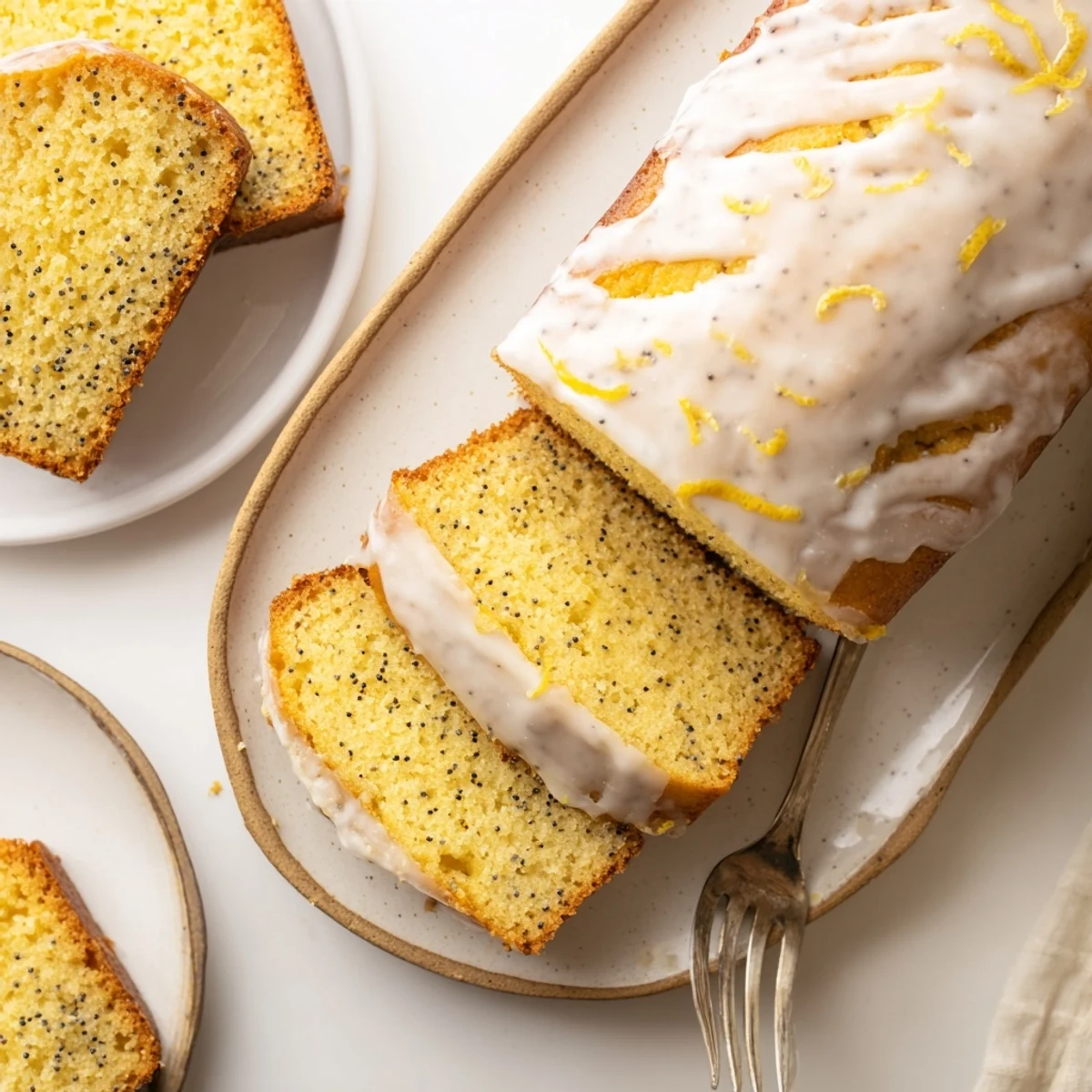 Golden lemon poppy seed loaf cake drizzled with white glaze on a rustic wooden board