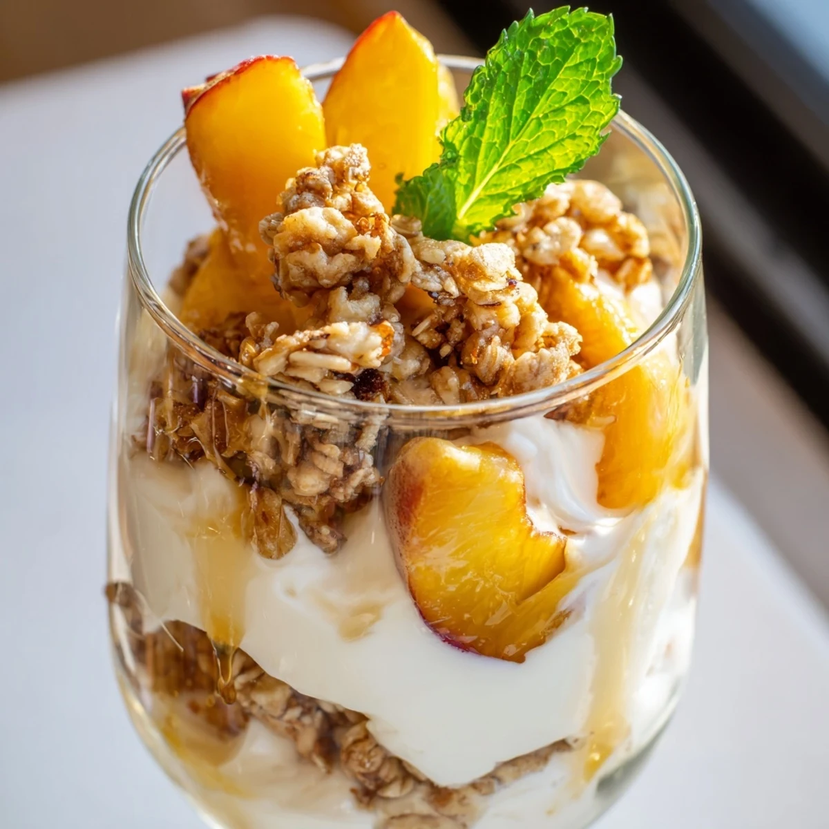 Glass parfait layered with creamy Greek yogurt, sweet honey peaches, and crunchy granola topping