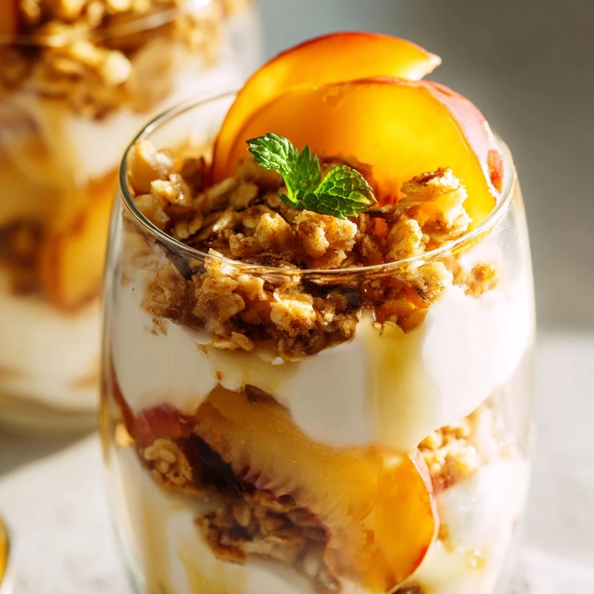 Breakfast parfait jar showing vibrant layered peaches, vanilla yogurt, and golden granola textures