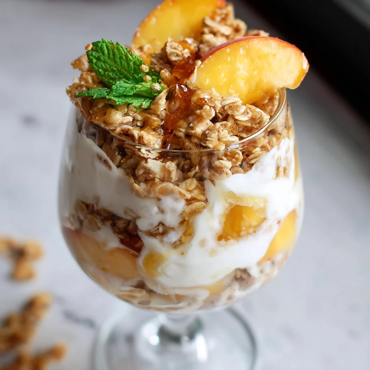 Sweet peach yogurt parfait delight with fresh fruit slices, mint garnish, and honey drizzle