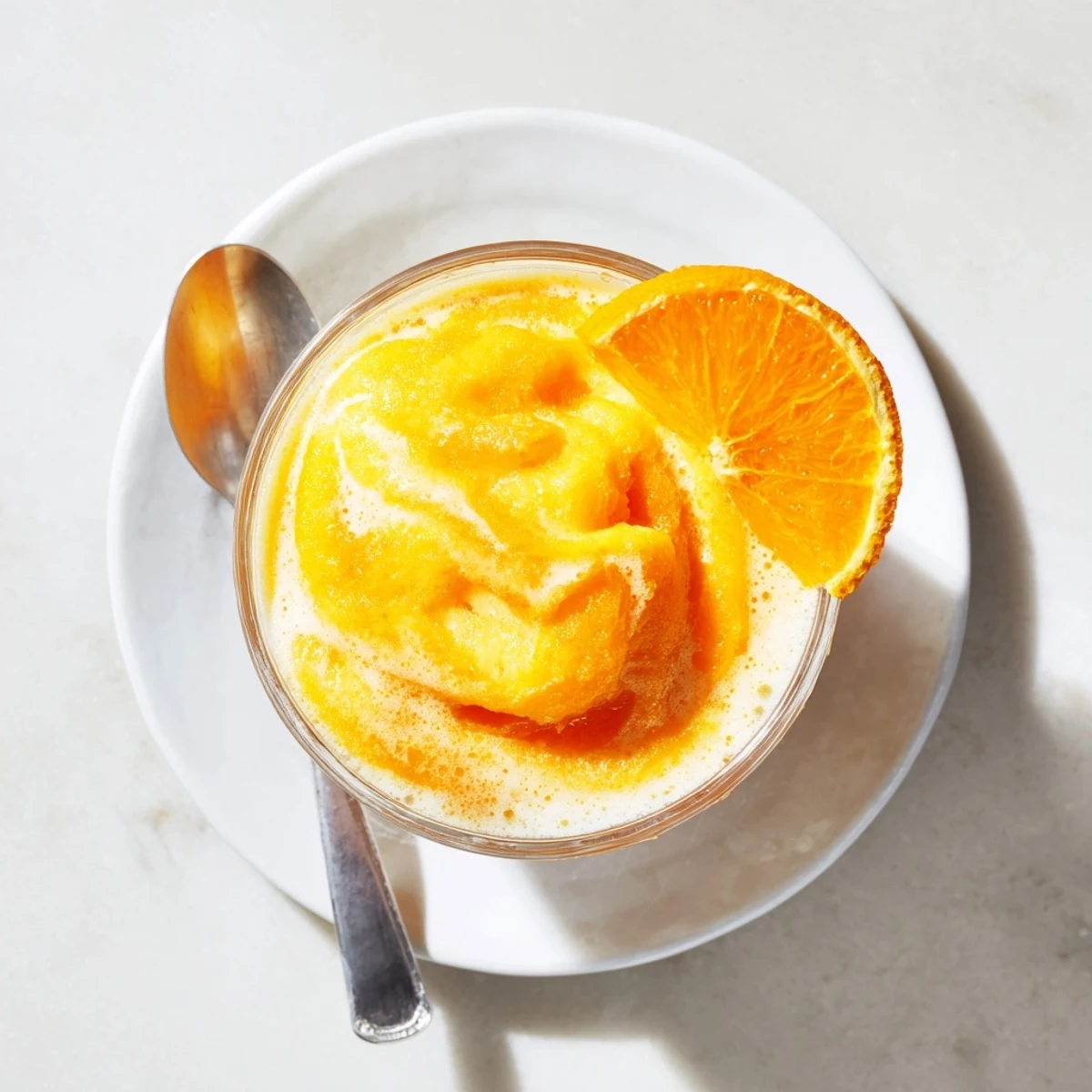 Creamy orange slush blended with ice served in chilled glass with mint garnish
