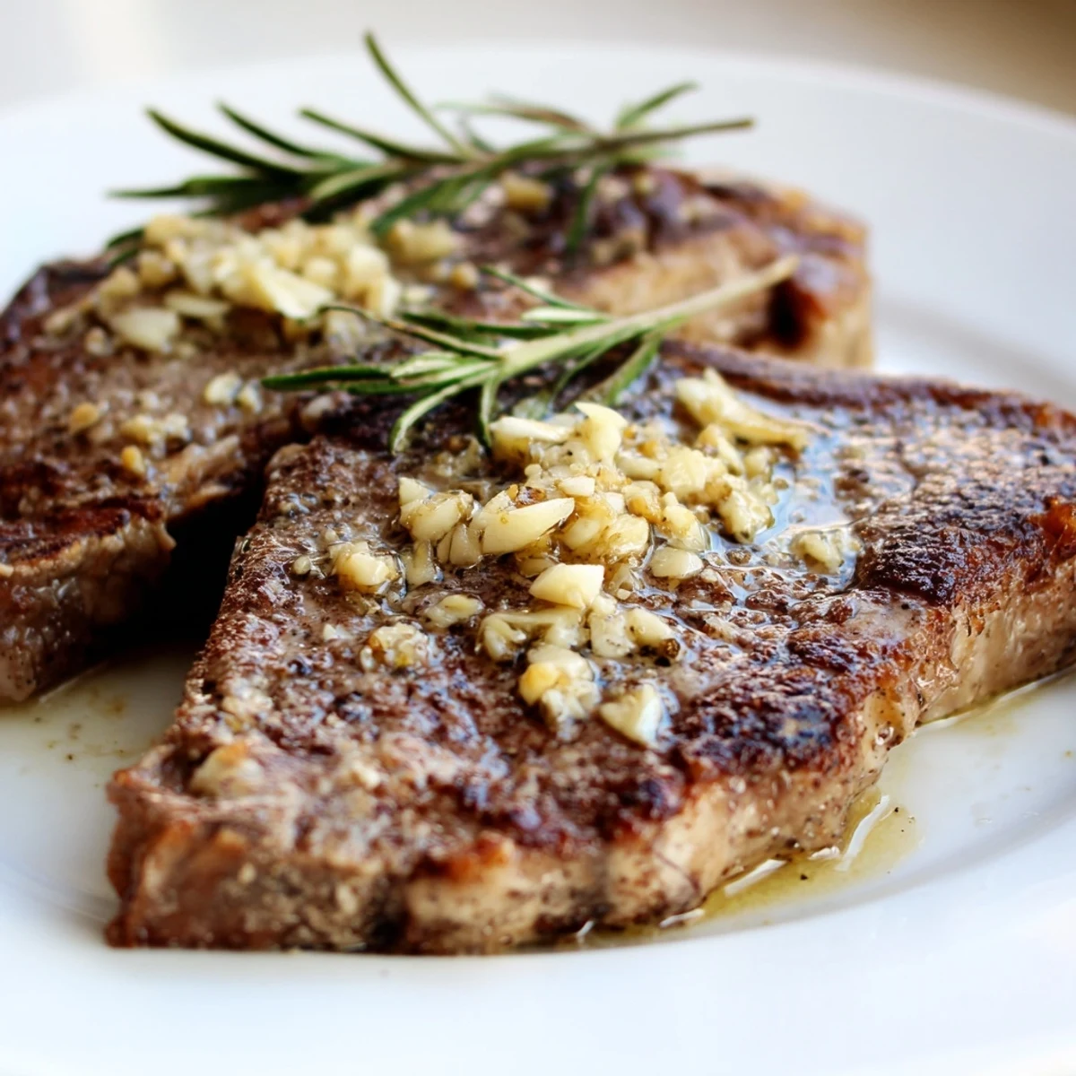 Juicy ribeye steak basted with aromatic garlic butter and fresh rosemary in a cast iron skillet