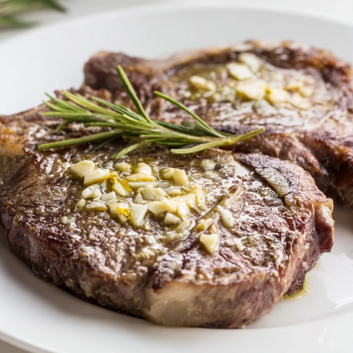 Golden pan-seared garlic butter steak resting on a white plate with melted butter pooling around the edges