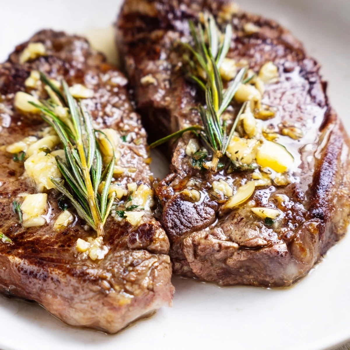 Sliced garlic butter steak revealing pink center topped with golden garlic cloves and herb-infused butter sauce