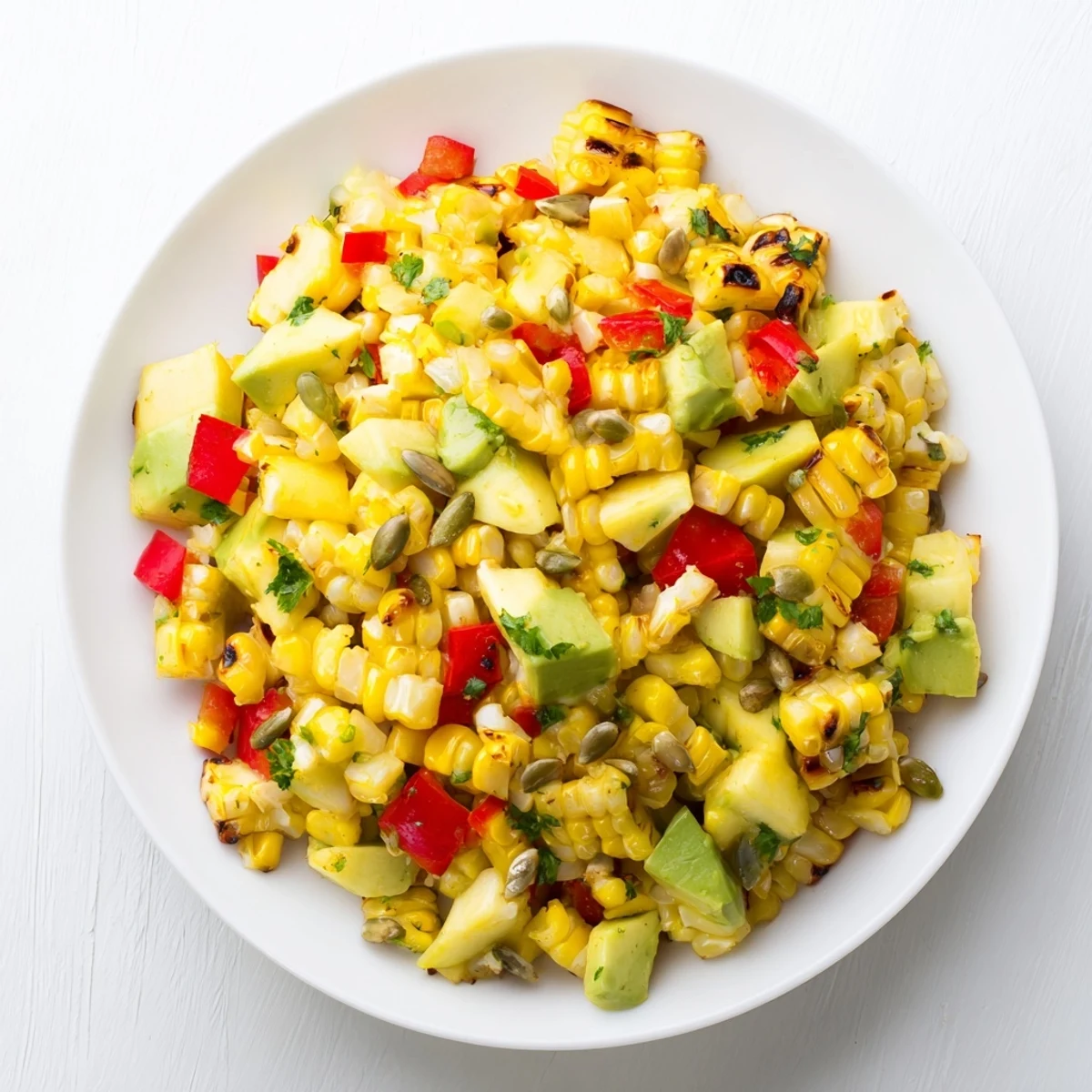 Vibrant tropical charred corn and avocado salad bowl with fresh pineapple, mango, and zesty lime dressing