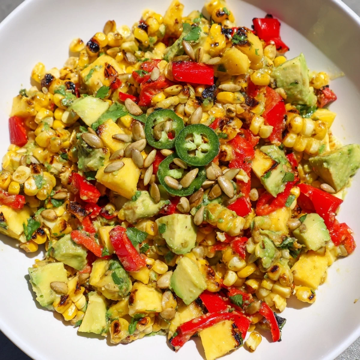 Colorful charred corn salad featuring creamy avocado cubes, sweet tropical fruits, and crisp red bell pepper