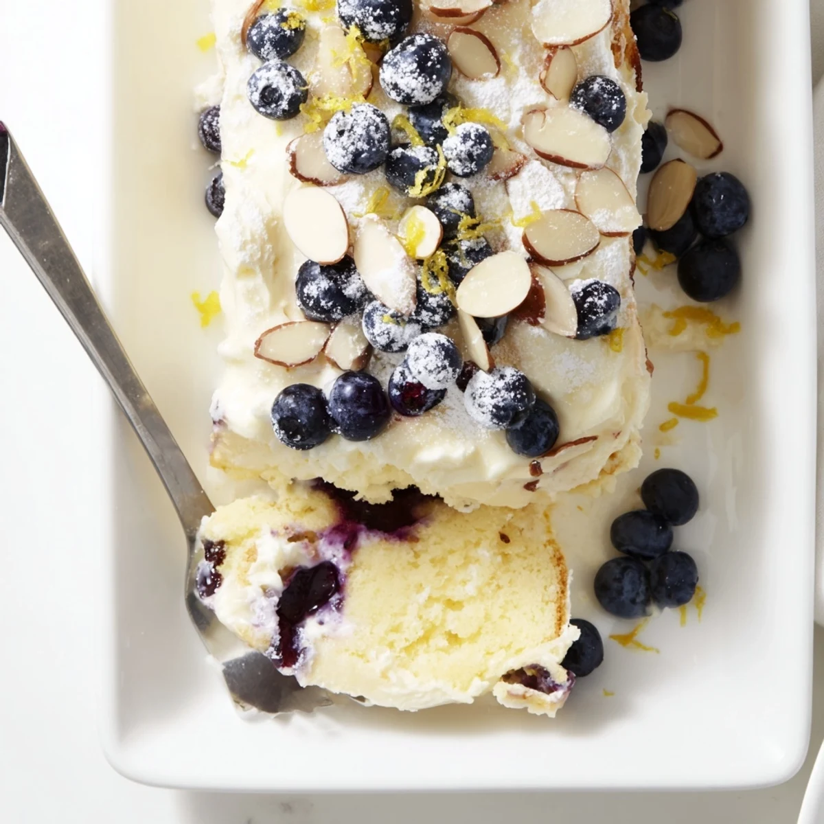 Golden lemon blueberry poke cake with juicy berries and toasted almond crunch topping