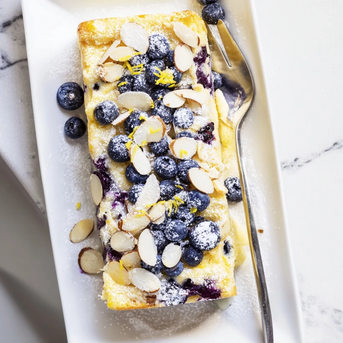 Moist lemon blueberry poke cake topped with sugary almonds and fresh blueberry garnish