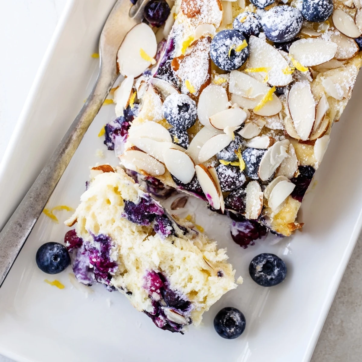Slice of lemon blueberry poke cake featuring almond streusel and powdered sugar dusting