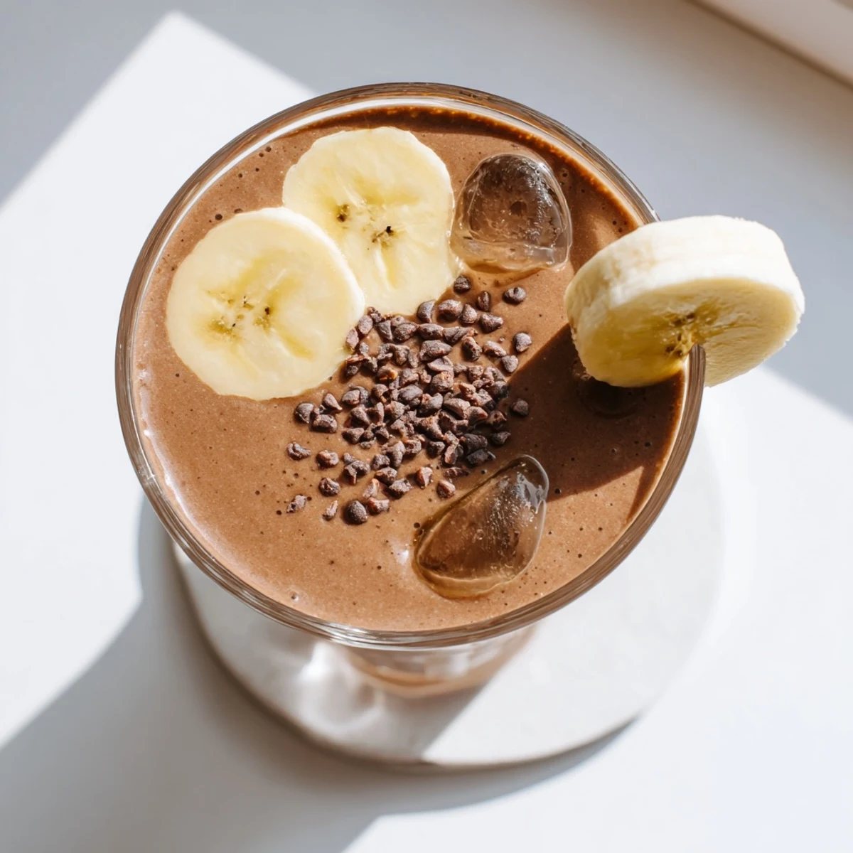 Creamy raw chocolate banana shake poured into a tall glass with a rich, velvety texture