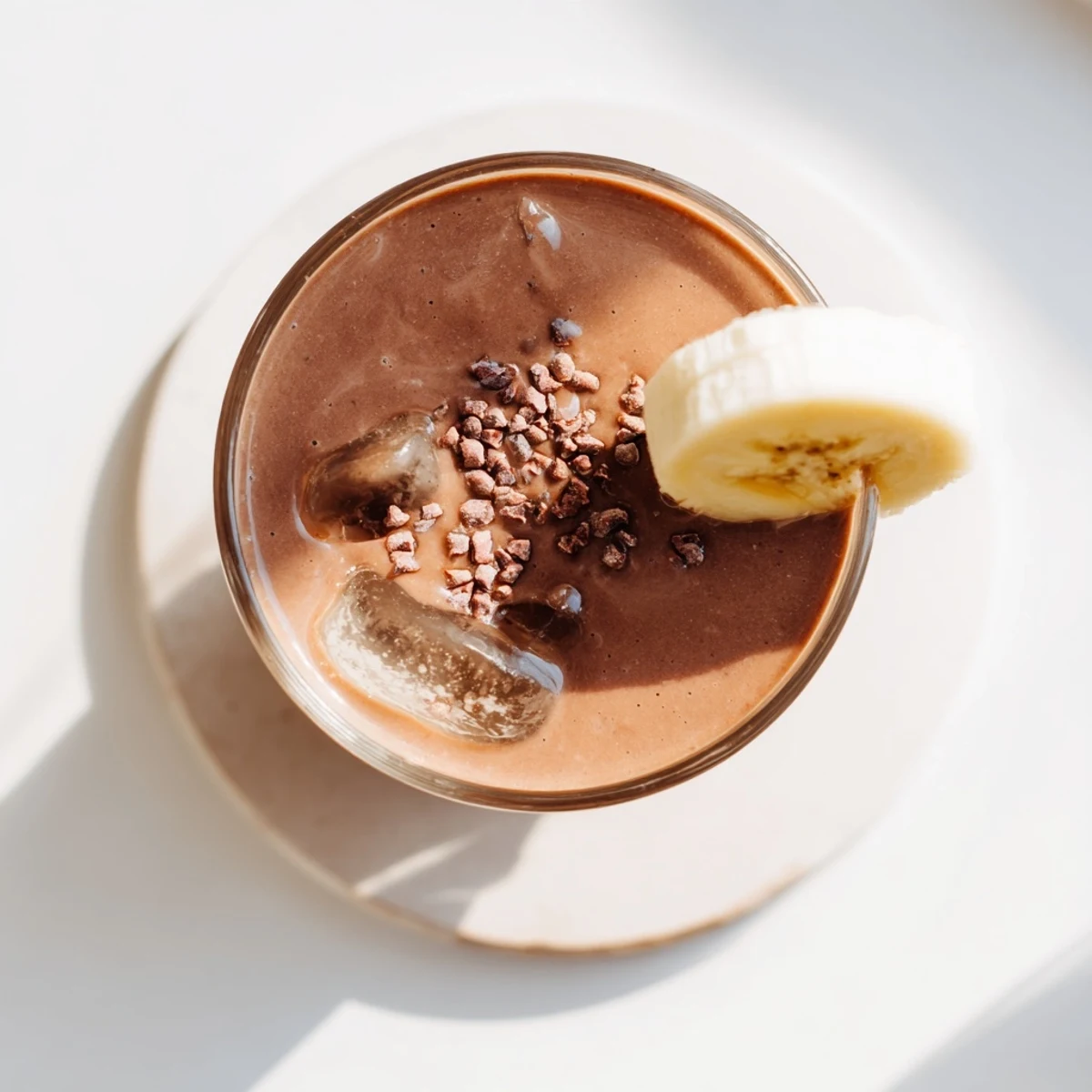 Thick raw chocolate banana shake topped with cacao nibs and fresh banana slices
