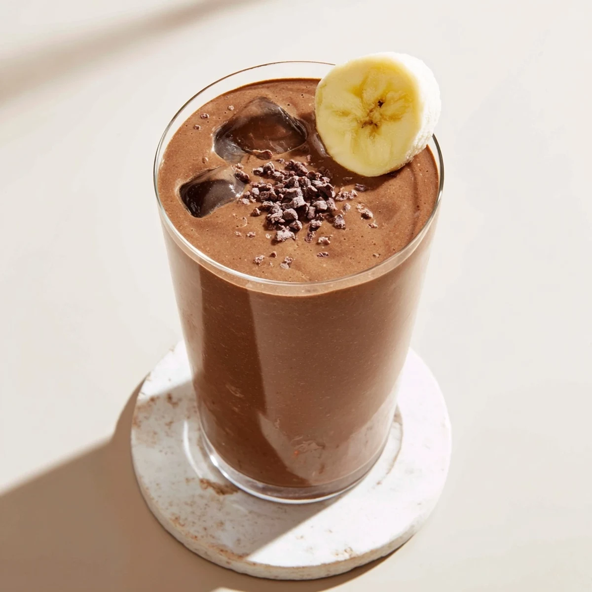 Frosty glass of raw chocolate banana shake garnished with a dusting of cinnamon powder