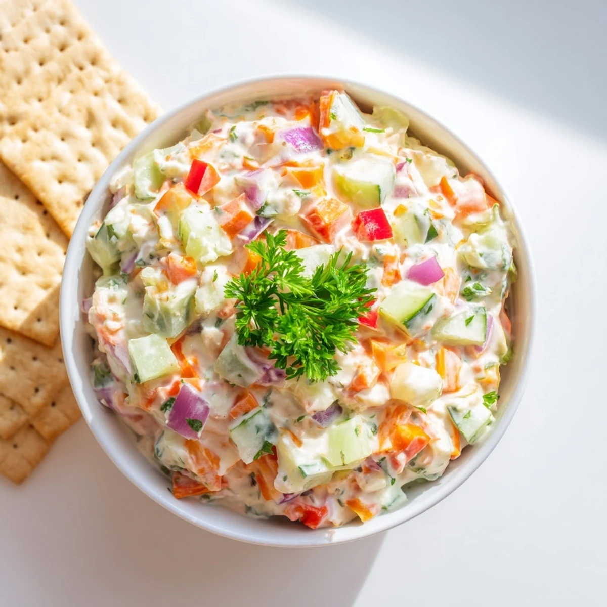 Creamy garden vegetable spread with colorful diced peppers and fresh herbs