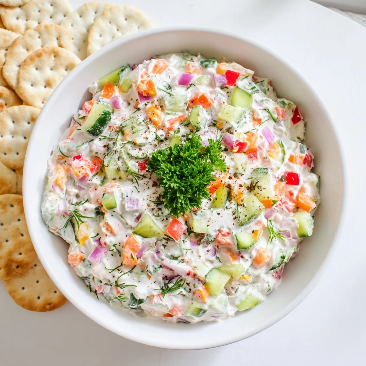 Vibrant vegetable dip served with crackers on a wooden board