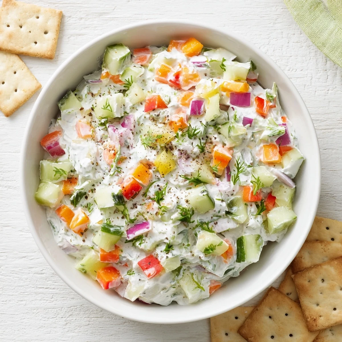 Whipped cream cheese blend topped with cucumber, carrots, and celery