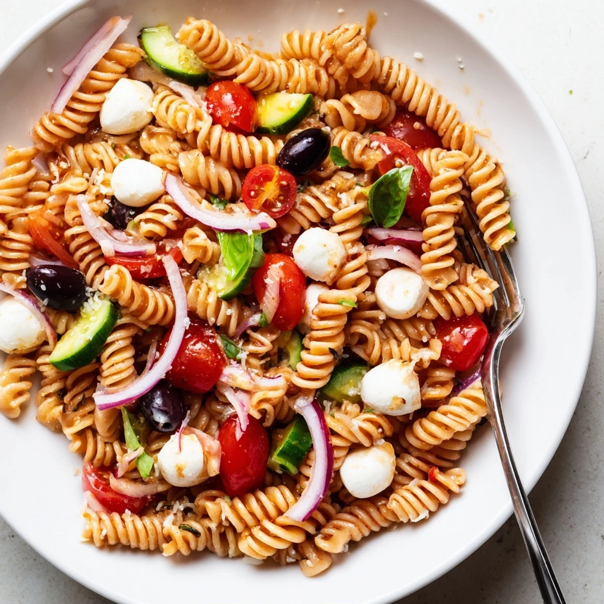 Chilled Italian Pasta Salad with cherry tomatoes, mozzarella, basil, zesty vinaigrette.