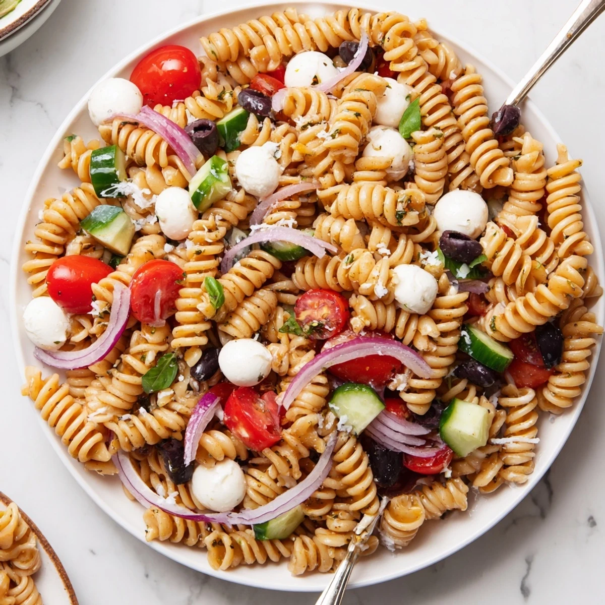 Colorful Italian Pasta Salad tossed with olives, crunchy cucumber, and garlic dressing.