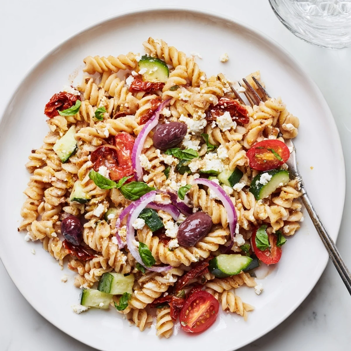 Sun Dried Tomato Pasta Salad with tangy feta, fresh basil, picnic ready