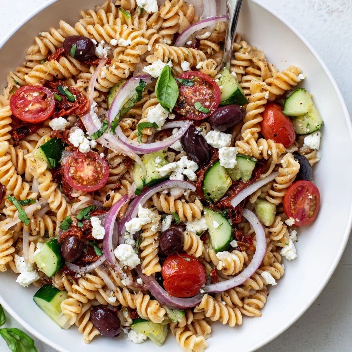 Bright Sun Dried Tomato Pasta Salad tossed in zesty red wine vinaigrette