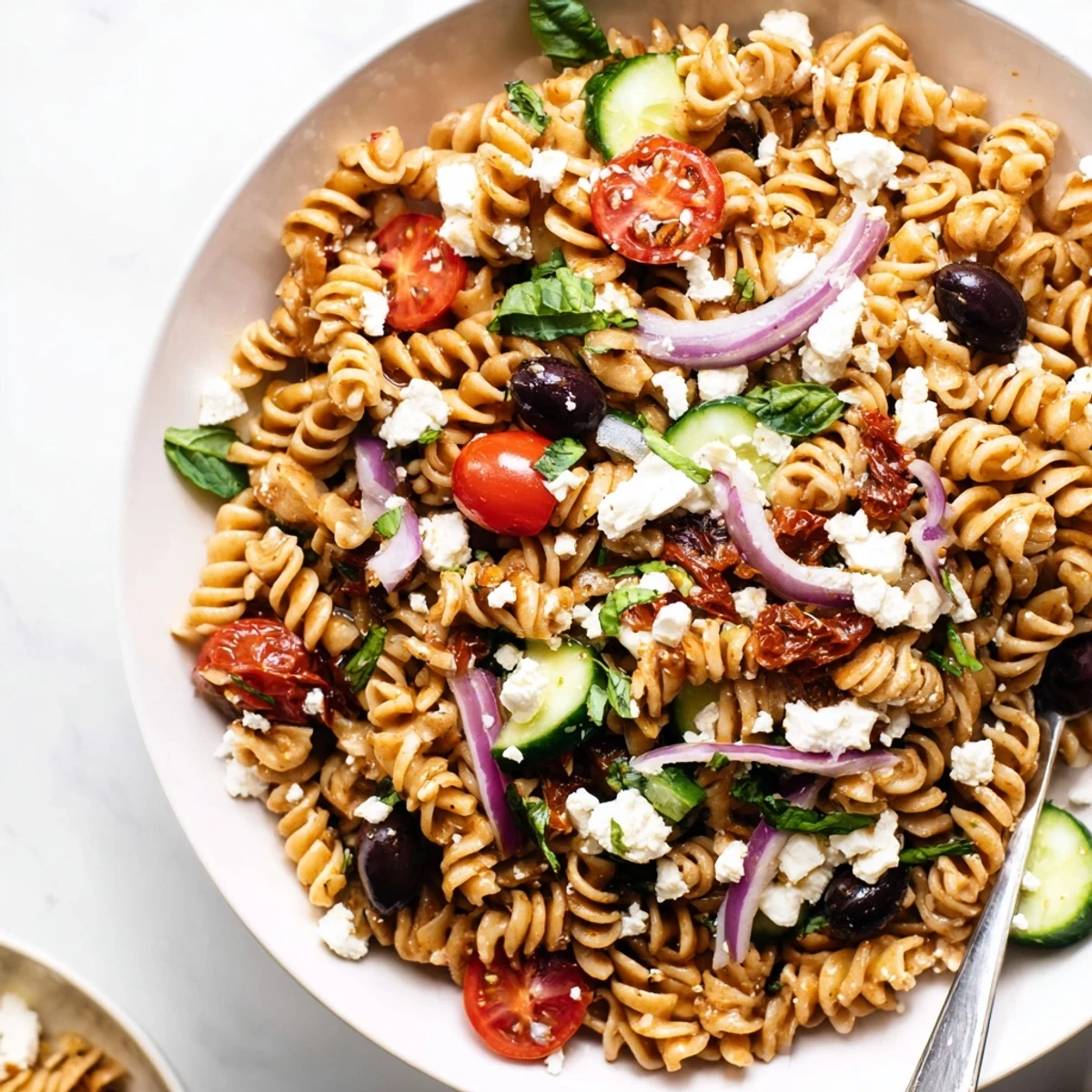 Chilled Sun Dried Tomato Pasta Salad studded with olives, cucumbers, crunchy onions