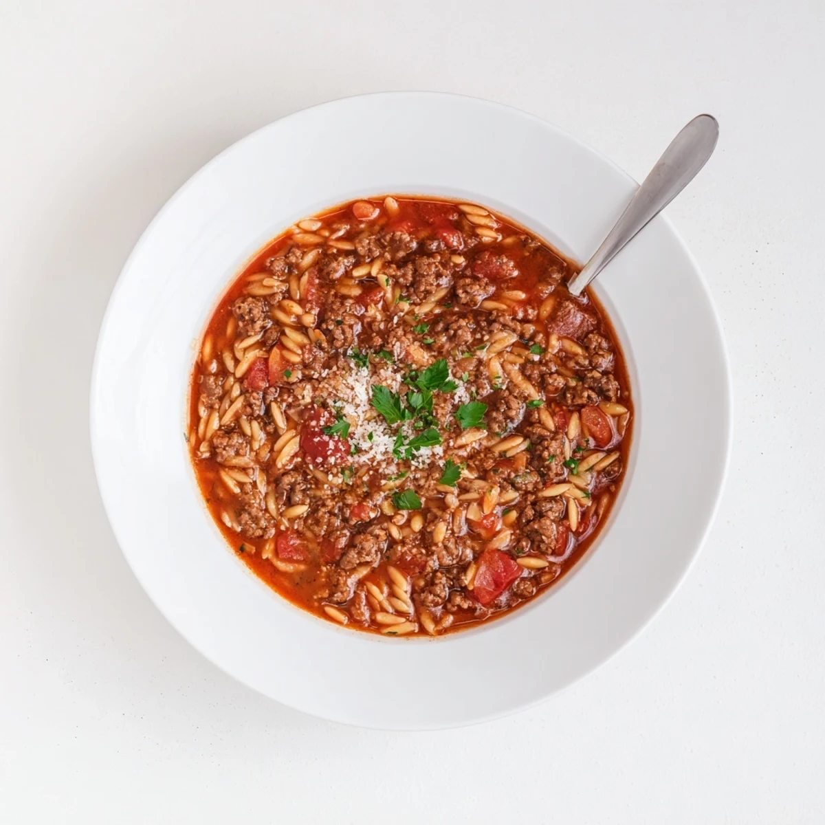Hearty Ground Beef Orzo Greek Manestra Recipe steaming in a rustic pot.