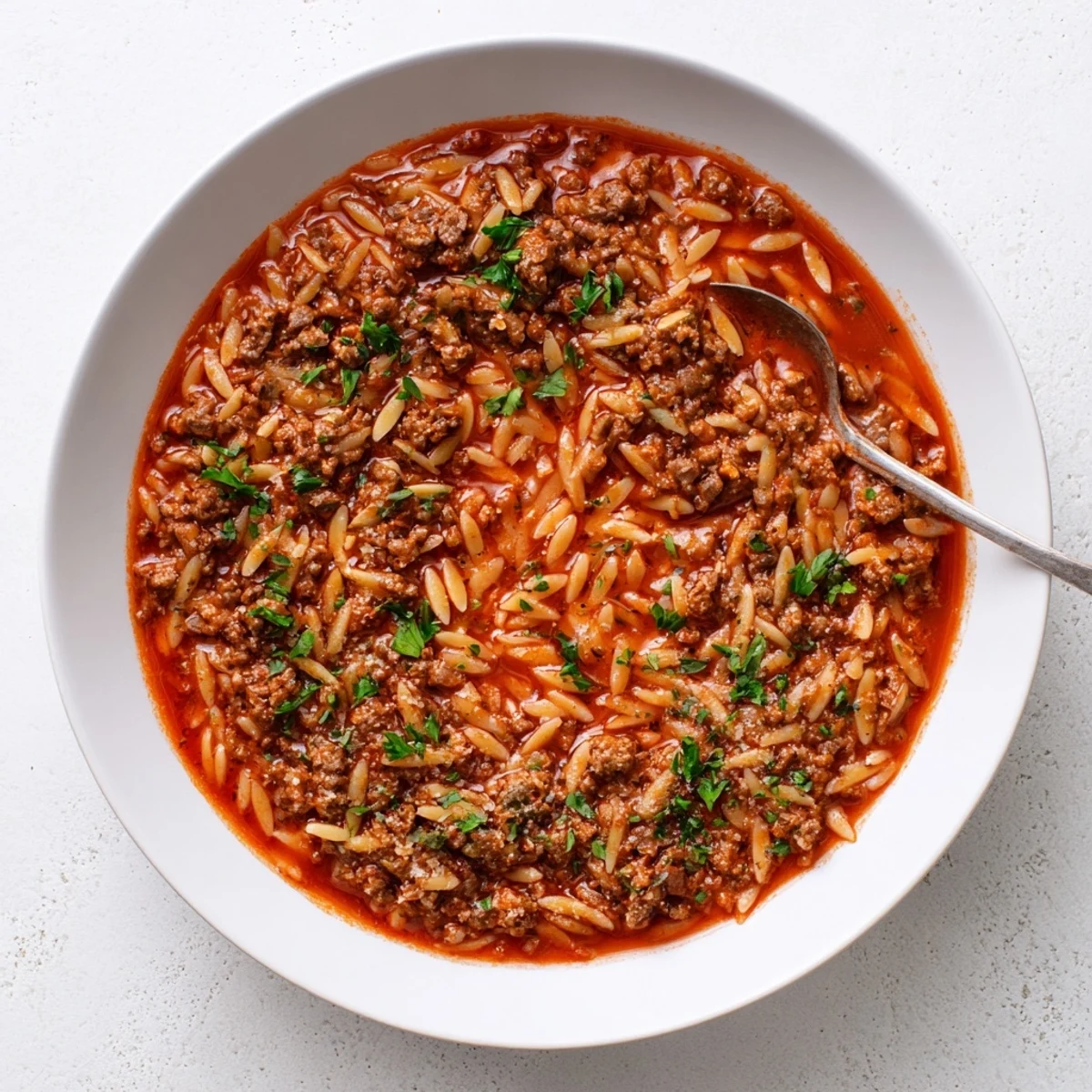 Spoonful of Ground Beef Orzo Greek Manestra Recipe showing tomato-rich, cheesy texture.