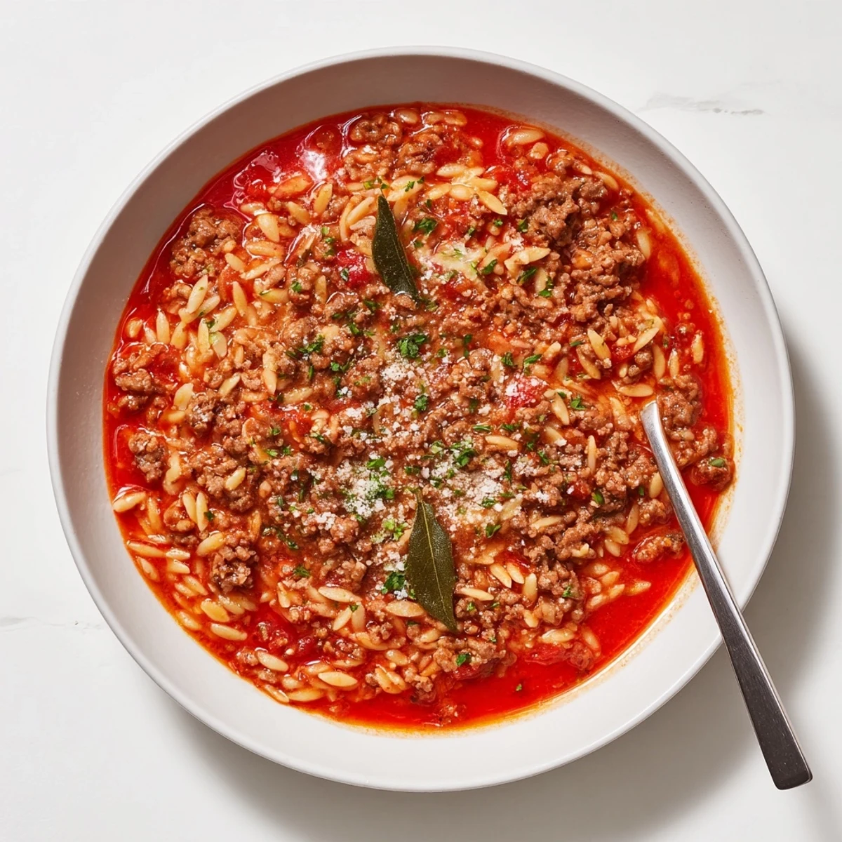 Warm bowls of Ground Beef Orzo Greek Manestra Recipe topped with parsley.