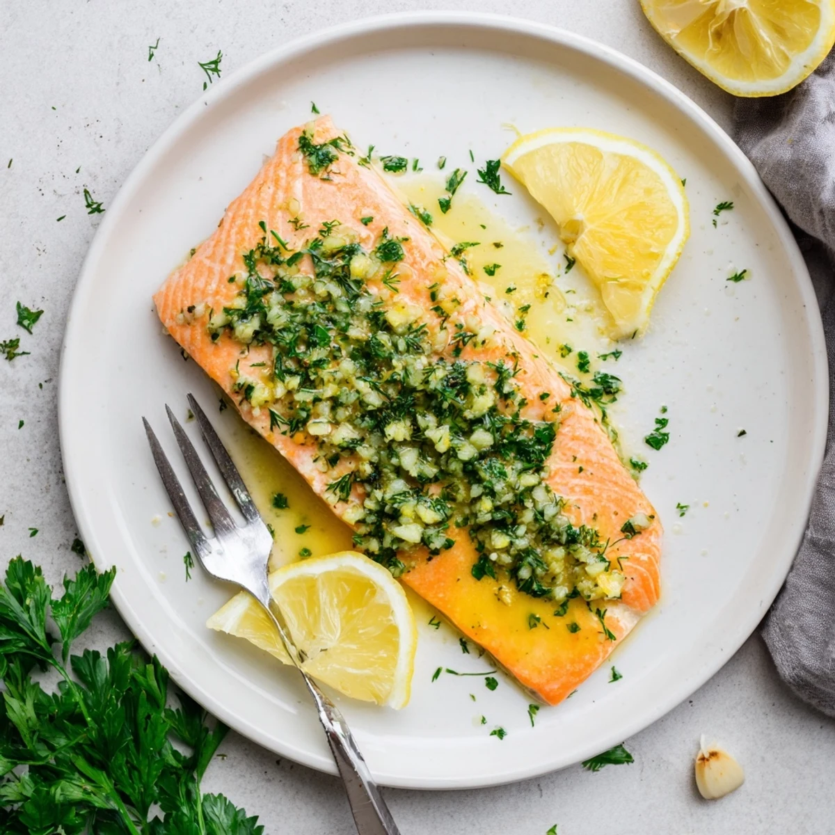 Garlic Butter Ghee Salmon Bake sizzling with golden butter, fresh herb garnish  