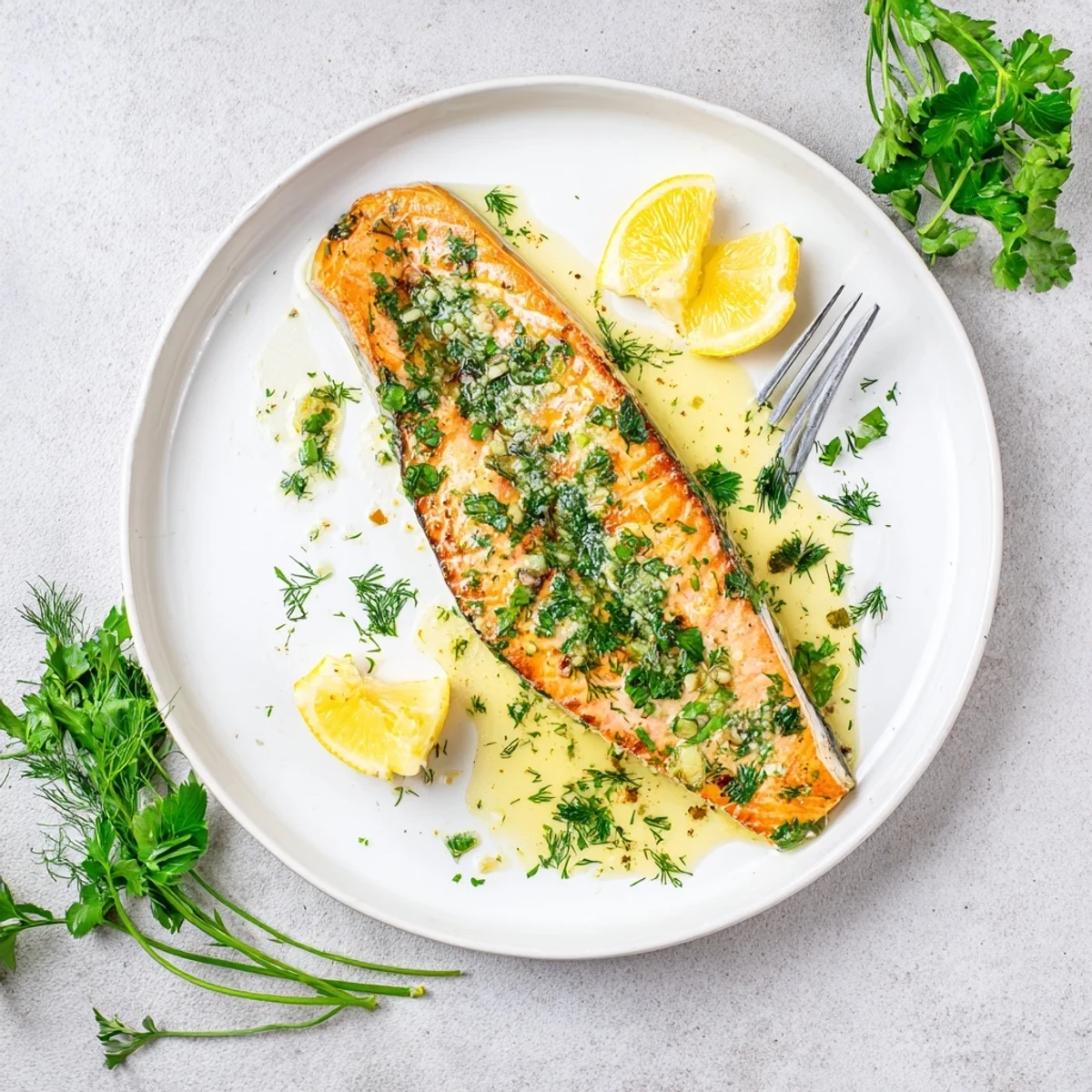 Oven-roasted Garlic Butter Ghee Salmon Bake flaking tender, lemon wedges nearby  