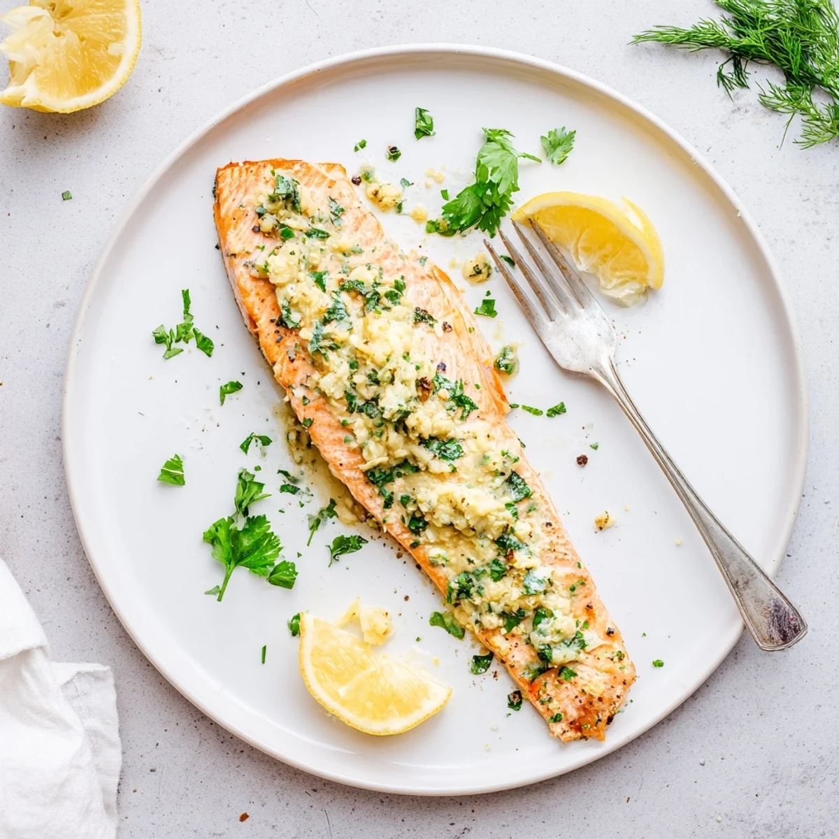 Weeknight Garlic Butter Ghee Salmon Bake served hot over roasted vegetables