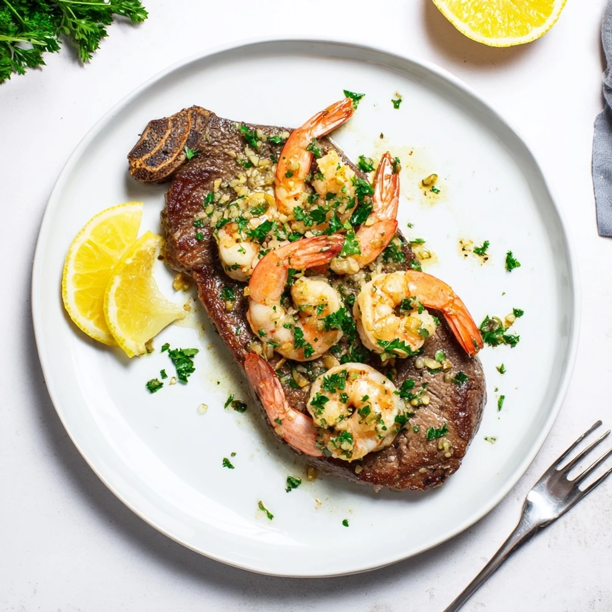 Tender steak and garlic butter shrimp sizzling in a cast iron skillet with herbs