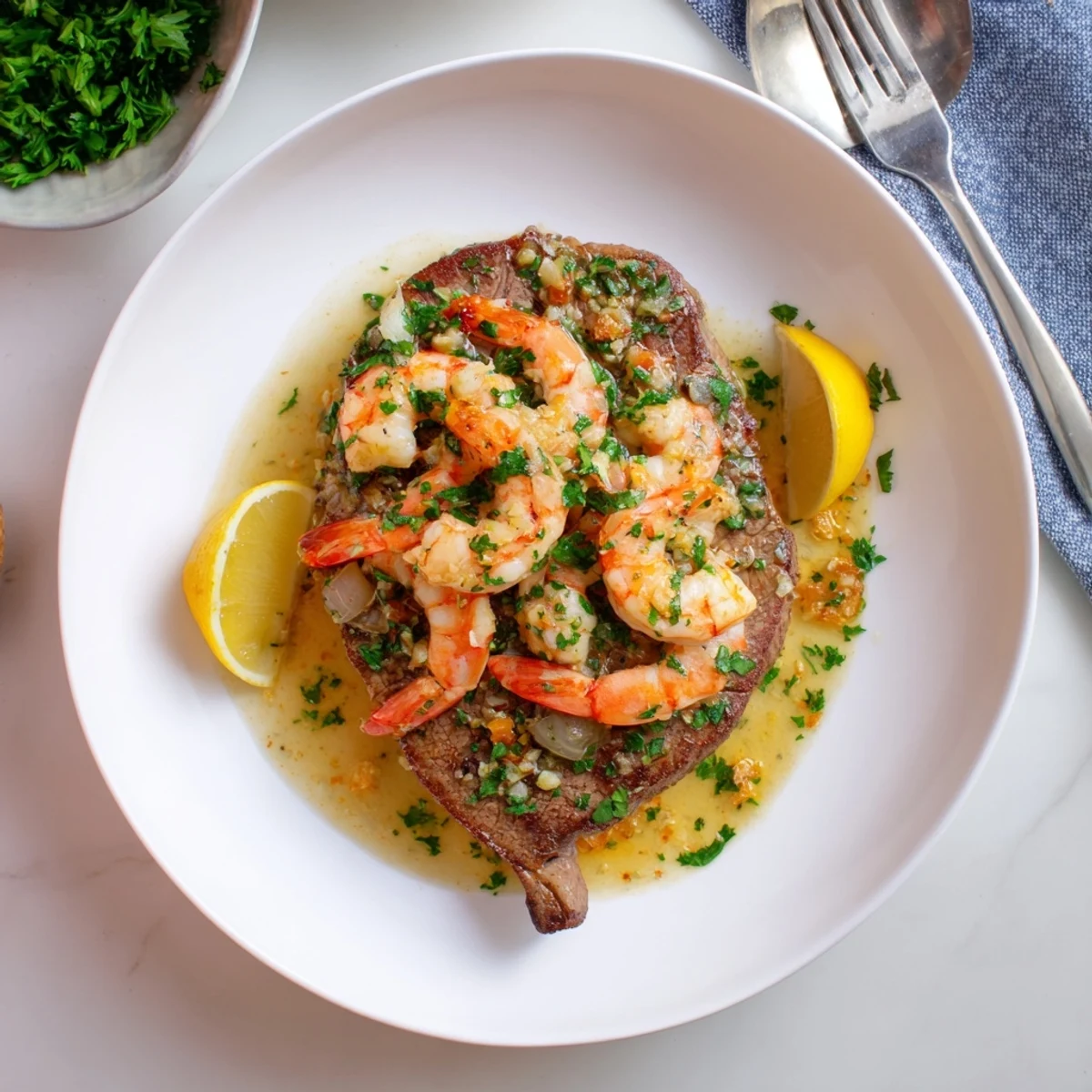 Juicy seared steak and garlic butter shrimp plated with fresh parsley and lemon wedges