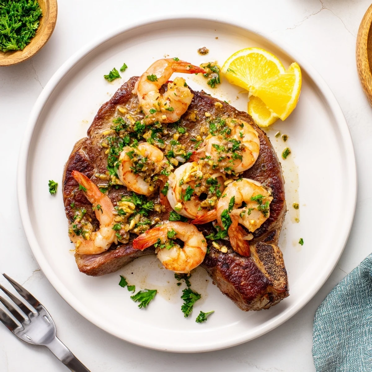 Perfectly cooked steak and garlic butter shrimp served on a white plate with asparagus