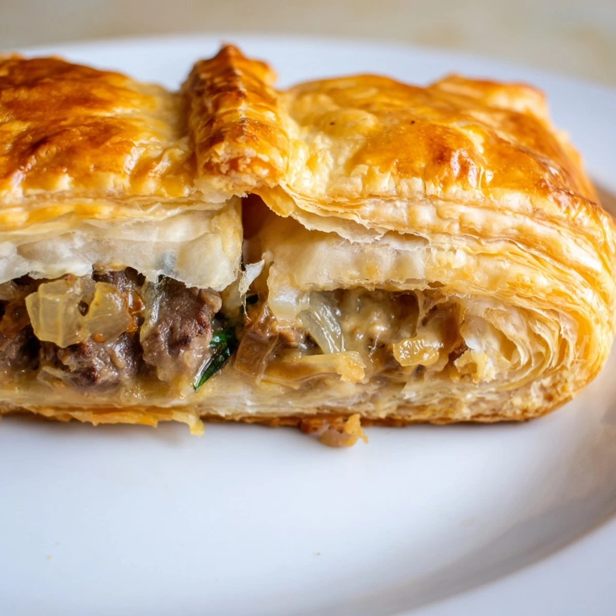 Golden baked Greggs inspired steak and cheese roll with melted cheddar oozing from flaky puff pastry