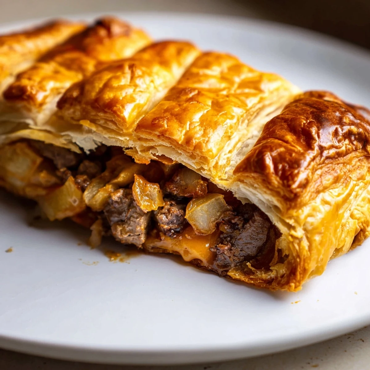 Close-up of Greggs inspired steak and cheese roll sliced open revealing tender beef and melted cheese