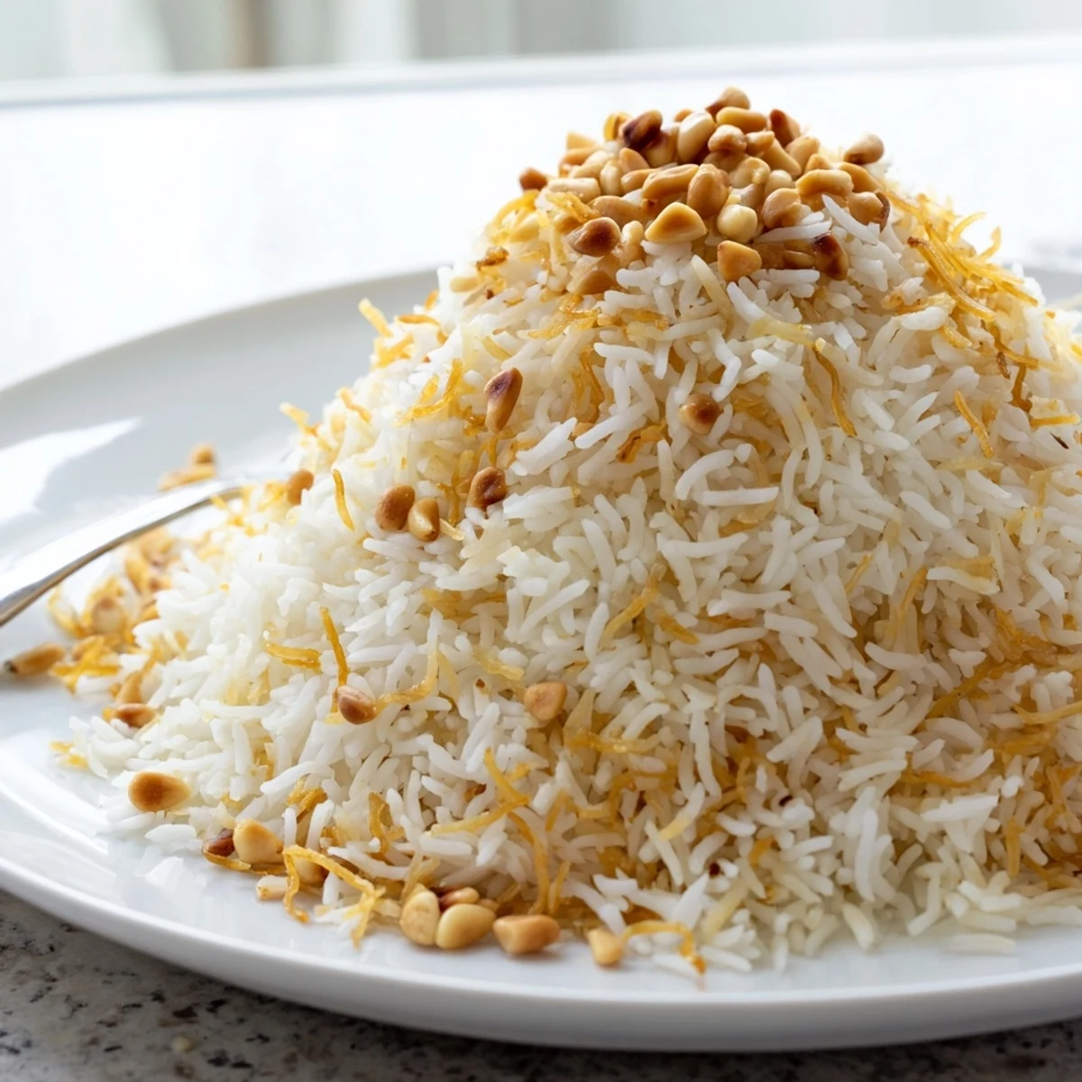 Fluffy Lebanese Rice with golden toasted vermicelli and pine nuts garnish