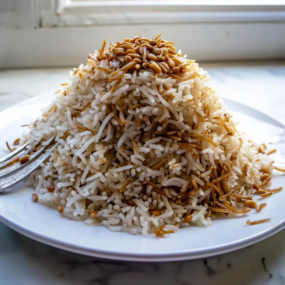 Steaming bowl of buttery Lebanese Rice topped with crispy pine nuts