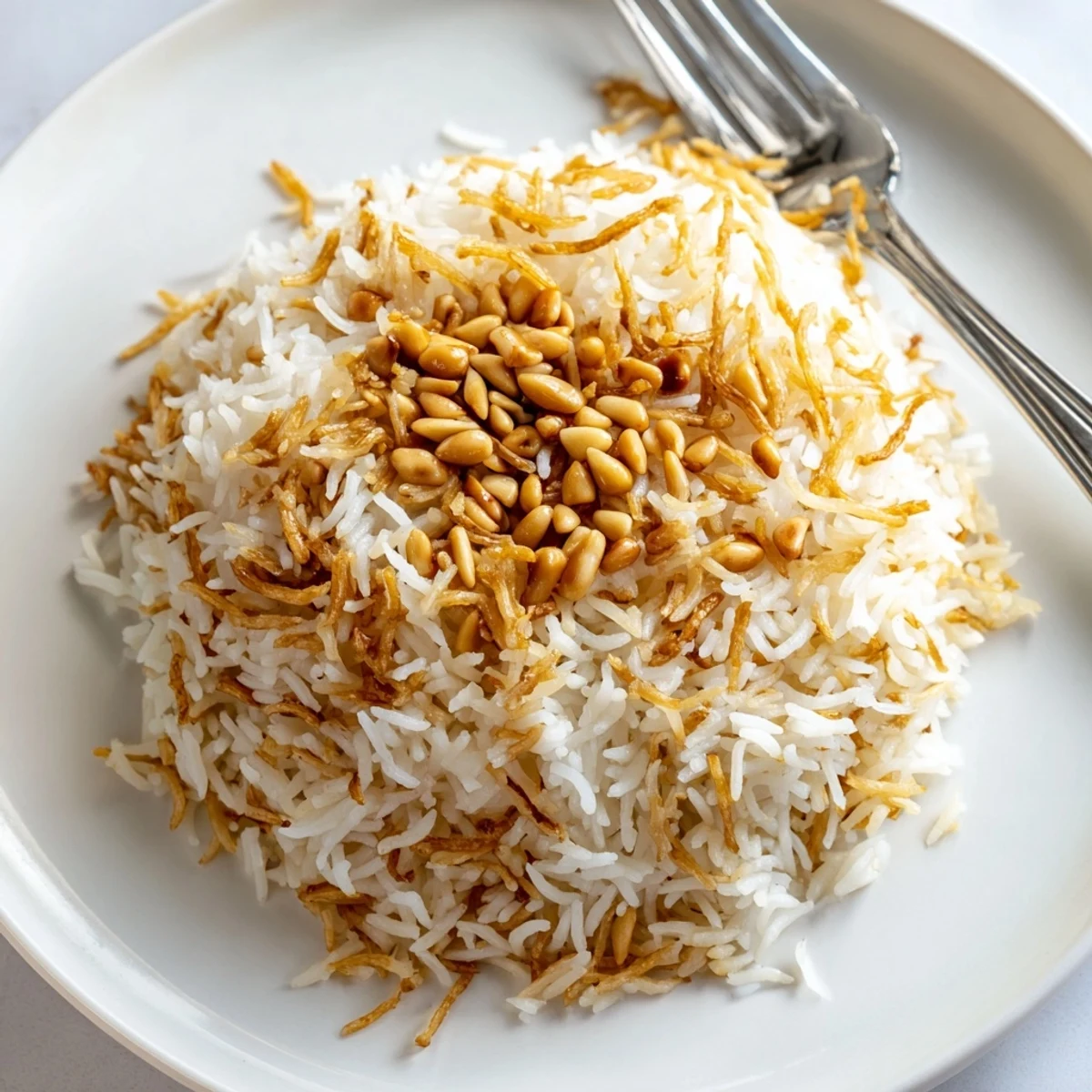 Perfectly cooked Lebanese Rice nestled alongside a Middle Eastern dinner spread
