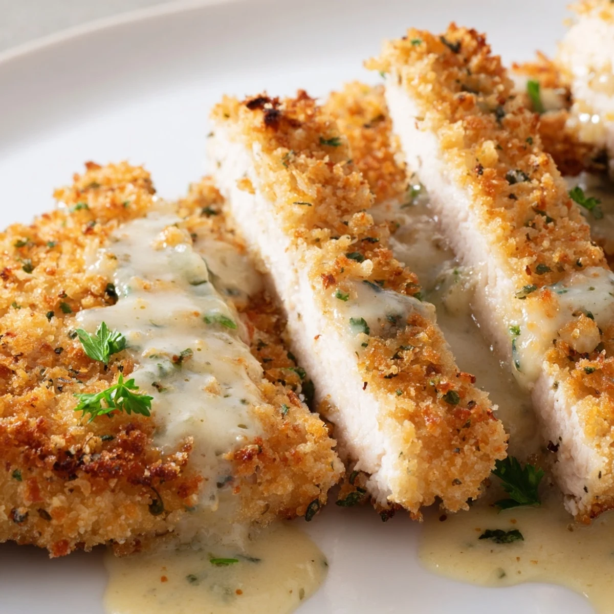 Golden crispy Parmesan chicken with creamy garlic sauce on a white plate