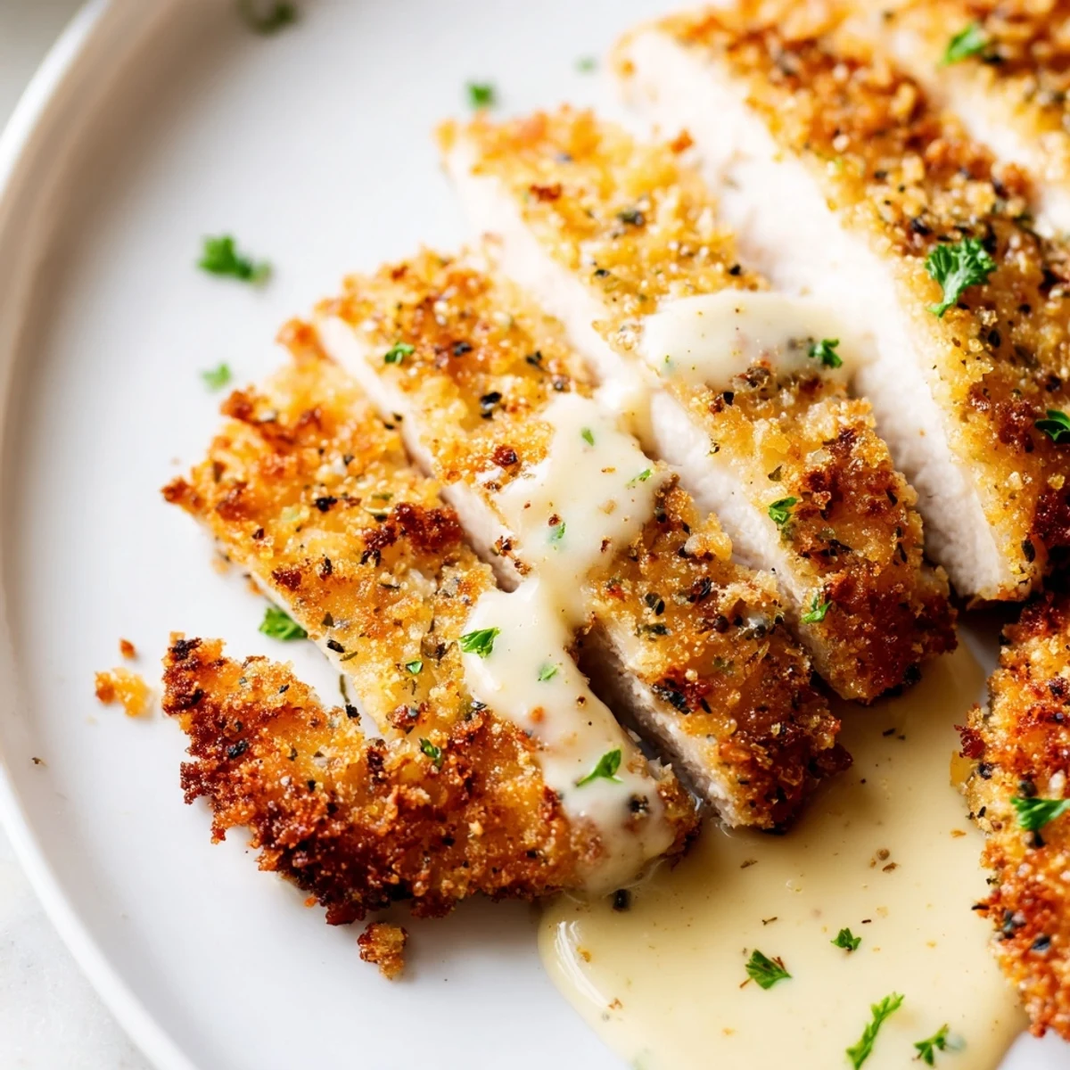 Breaded crispy Parmesan chicken cut open showing juicy meat topped with garlic sauce