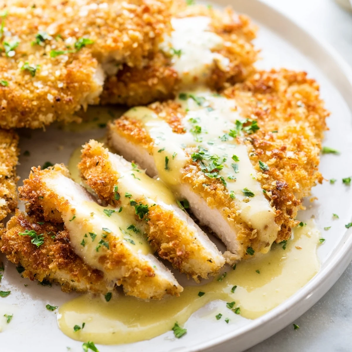 Crispy Parmesan chicken smothered in rich garlic cream sauce with fresh parsley